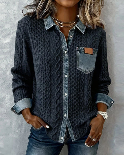 Women's dark blue long sleeve shirt with denim patchwork
