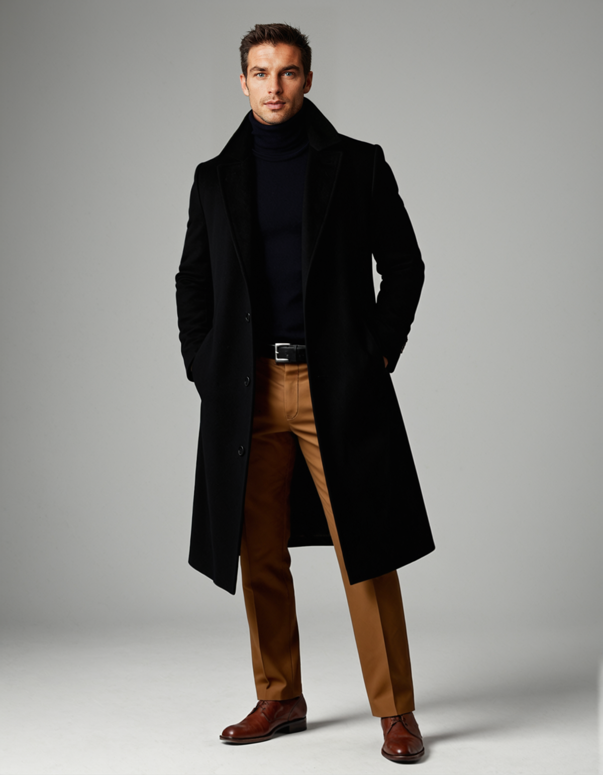 Black Notch-Lapel Padded Winter Coat with Side Pockets