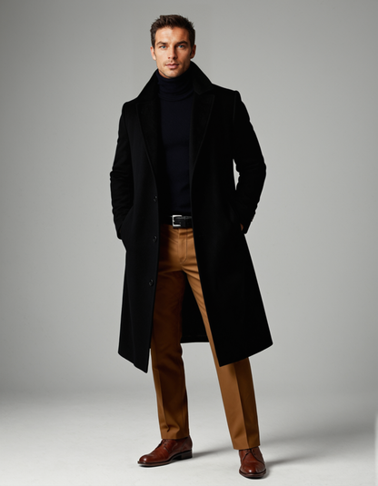 Black Notch-Lapel Padded Winter Coat with Side Pockets