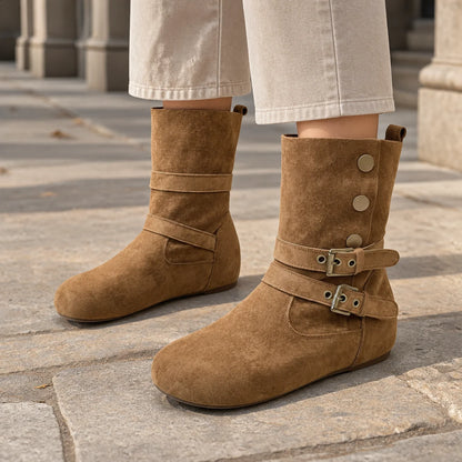 Women's Soft Suede Double-Buckle Boots with Round Toe, photo 1