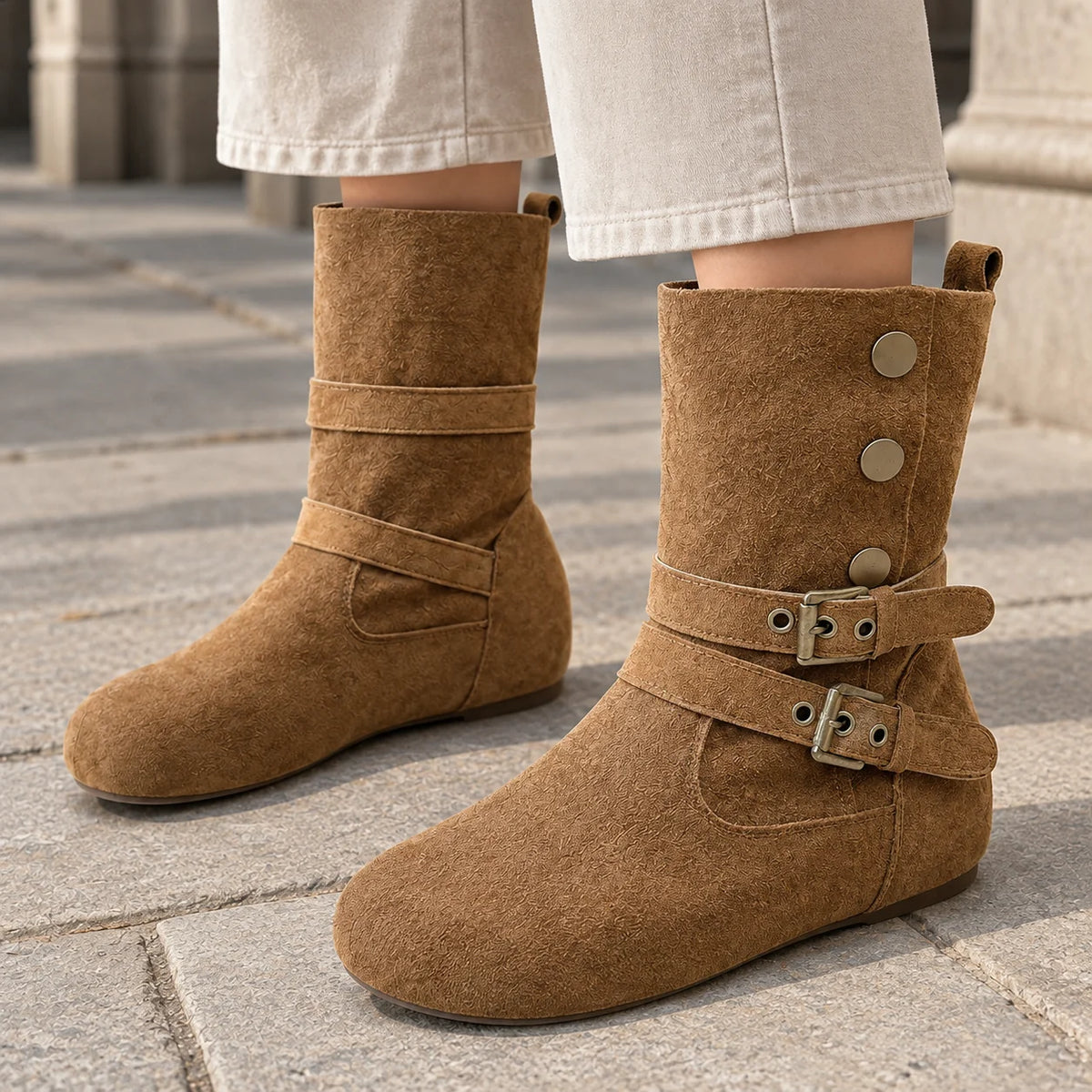 Women's Soft Suede Double-Buckle Boots with Round Toe, photo 2