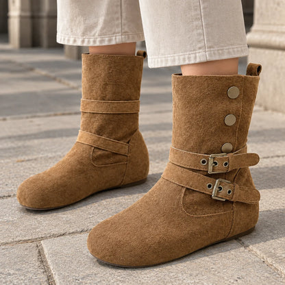 Women's Soft Suede Double-Buckle Boots with Round Toe, photo 2
