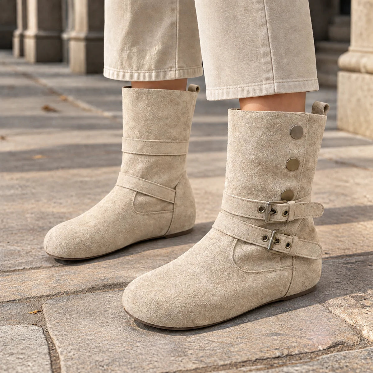 Women's Soft Suede Double-Buckle Boots with Round Toe, photo 3