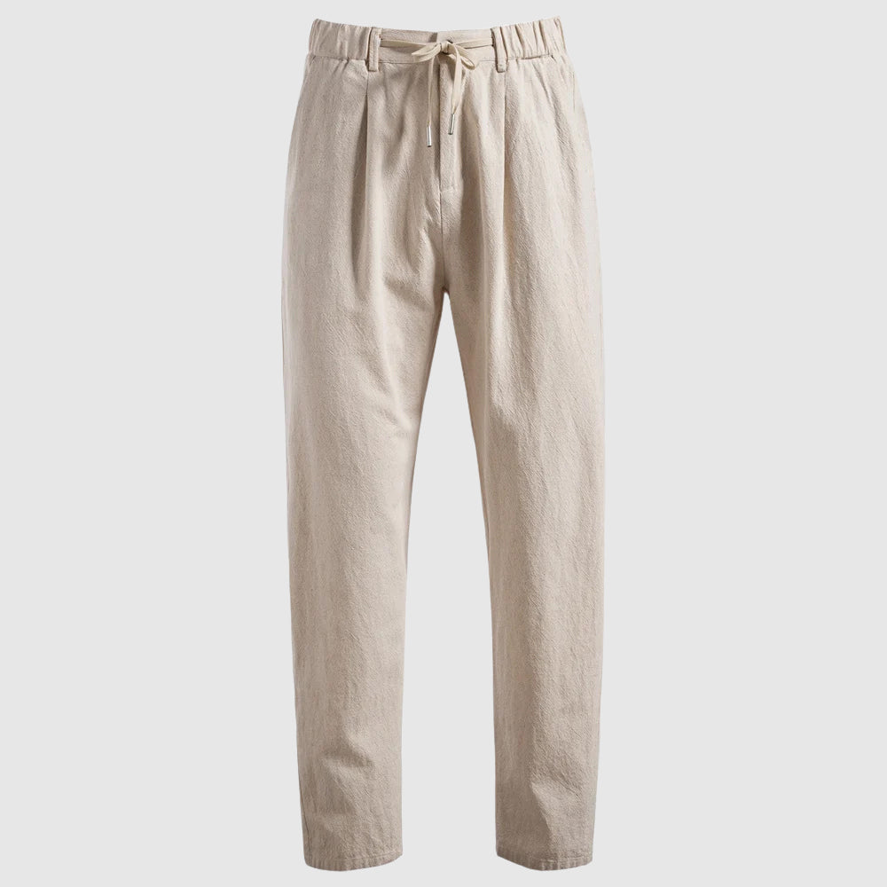 Men's beige breathable linen blend drawstring pants with straight leg
