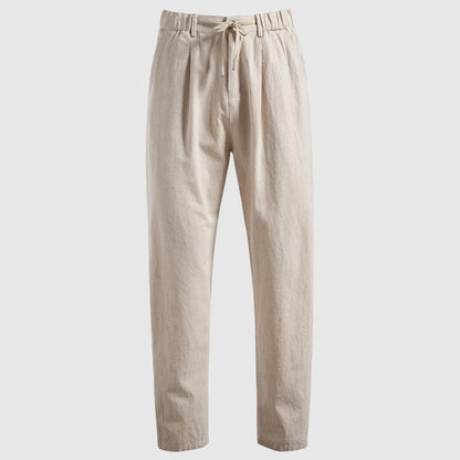 Men's beige breathable linen blend drawstring pants with straight leg
