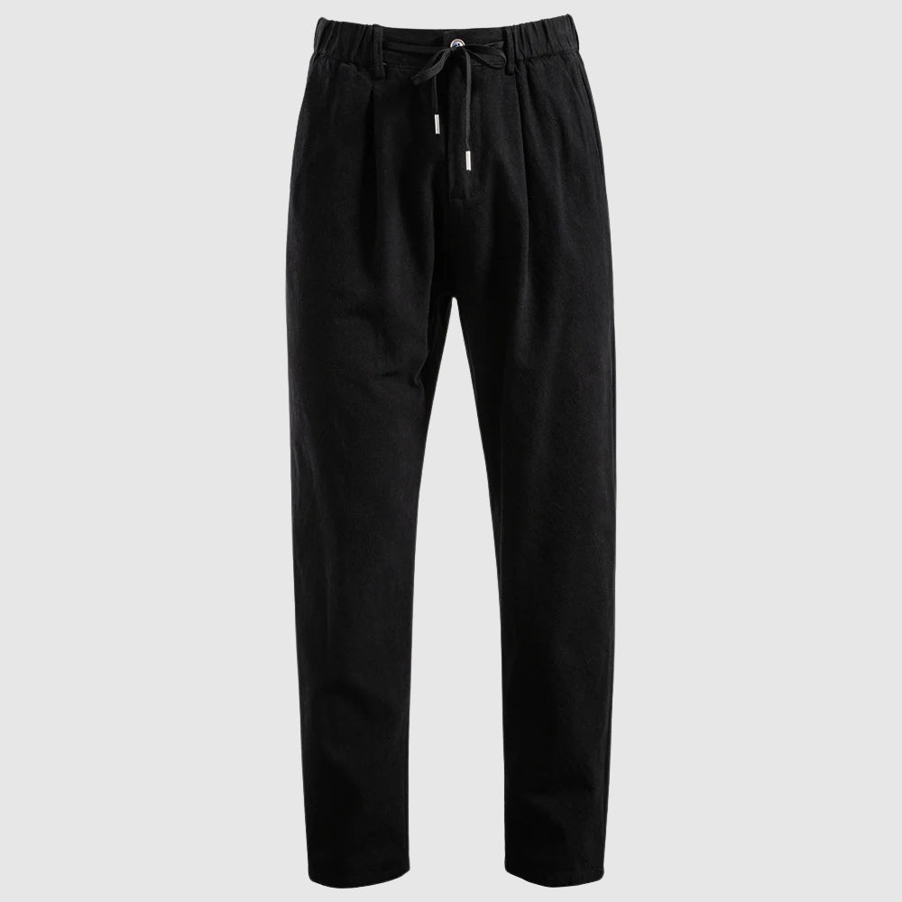 Men's beige breathable linen blend drawstring pants with straight leg