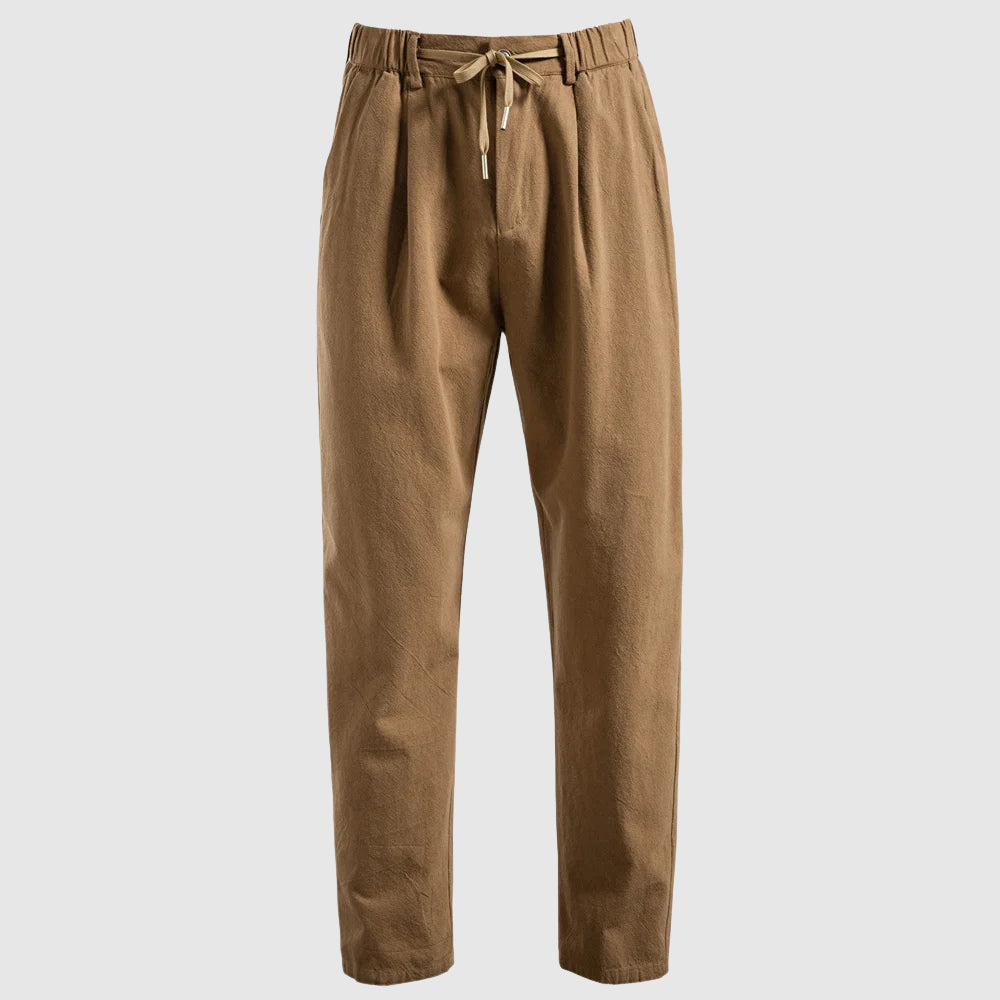 Men's beige breathable linen blend drawstring pants with straight leg