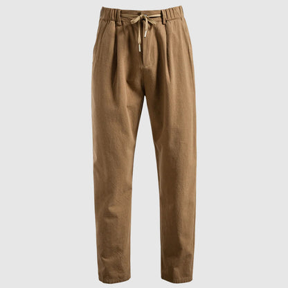 Men's beige breathable linen blend drawstring pants with straight leg
