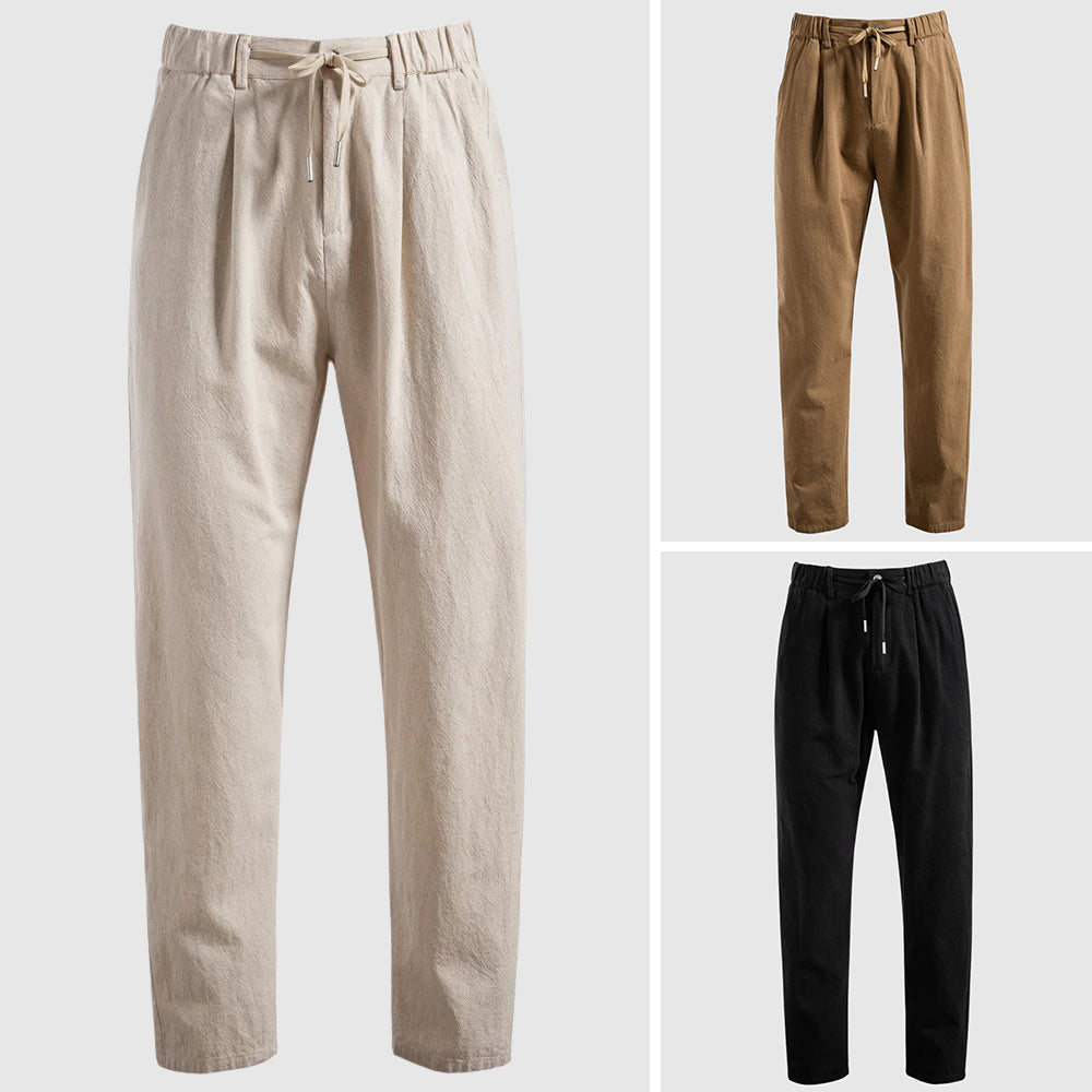 Men's beige breathable linen blend drawstring pants with straight leg