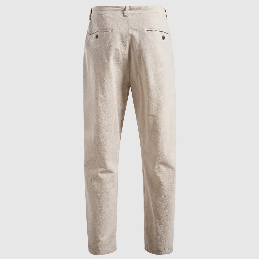 Men's beige breathable linen blend drawstring pants with straight leg
