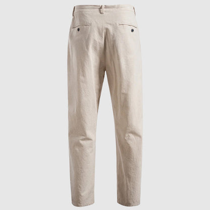 Men's beige breathable linen blend drawstring pants with straight leg