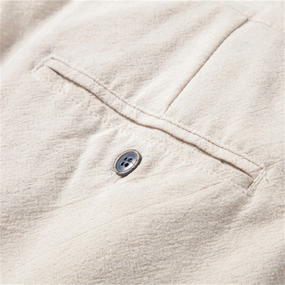 Men's black breathable linen blend drawstring pants with straight leg