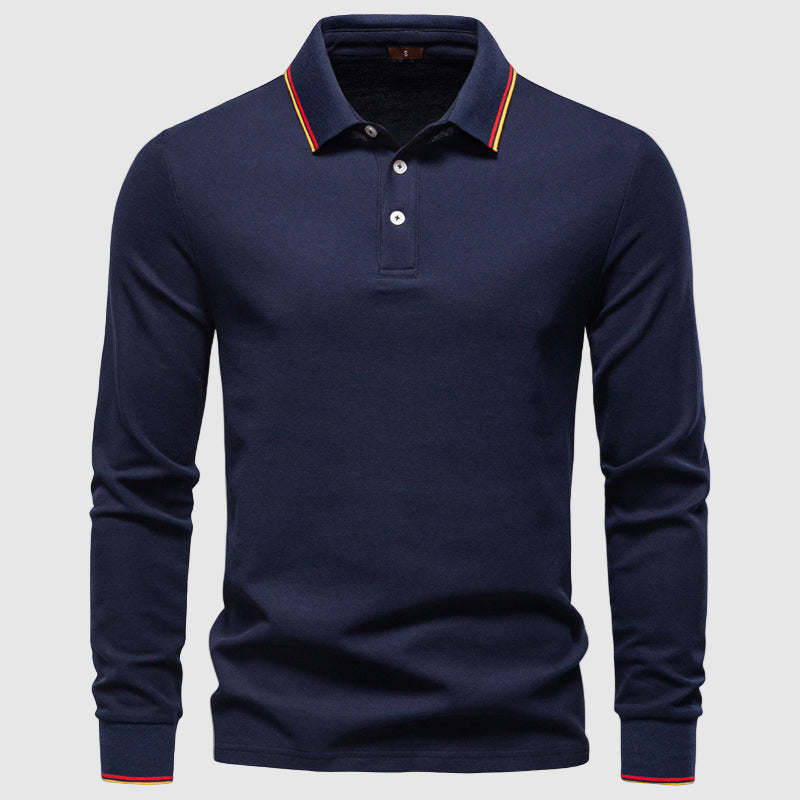Men's dark blue long sleeve polo shirt in slim fit cotton blend