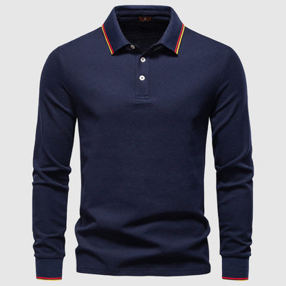 Men's dark blue long sleeve polo shirt in slim fit cotton blend