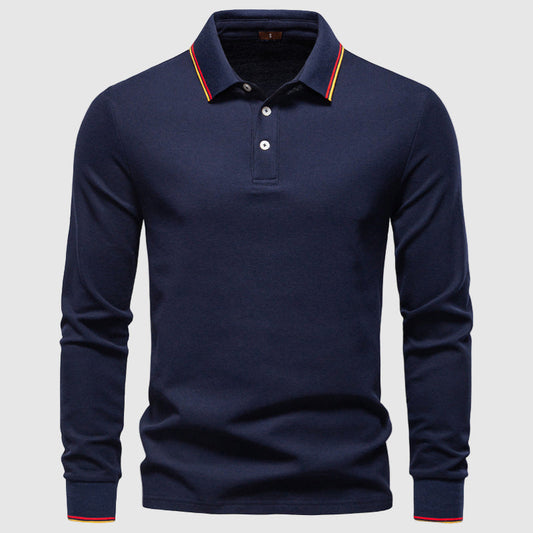Men's dark blue long sleeve polo shirt in slim fit cotton blend