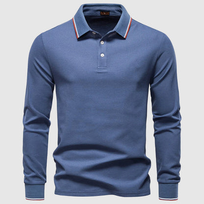 Men's dark blue long sleeve polo shirt in slim fit cotton blend