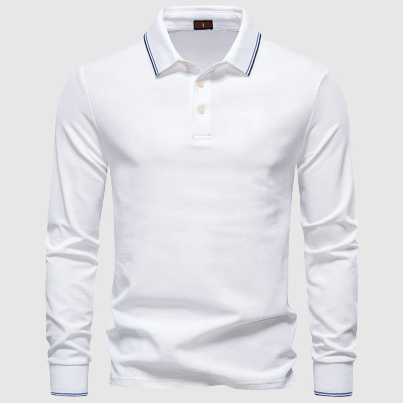 Men's dark blue long sleeve polo shirt in slim fit cotton blend