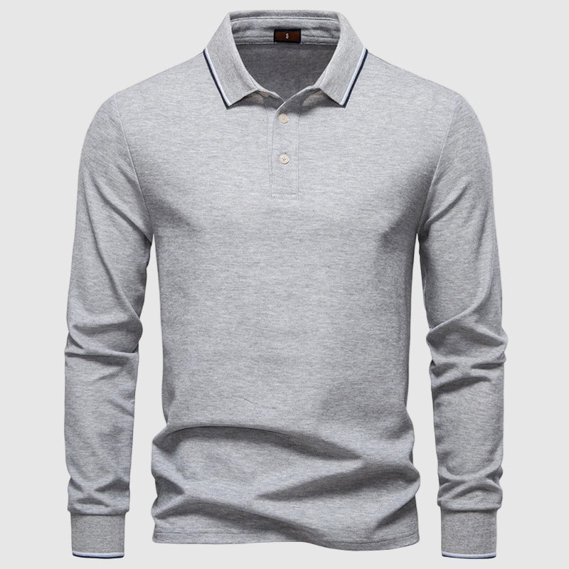 Men's dark blue long sleeve polo shirt in slim fit cotton blend