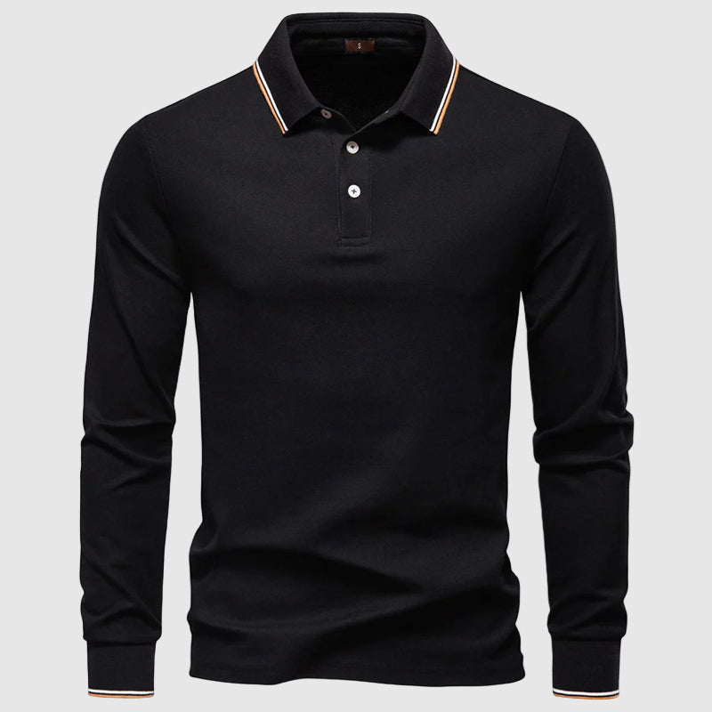 Men's dark blue long sleeve polo shirt in slim fit cotton blend
