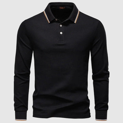 Men's dark blue long sleeve polo shirt in slim fit cotton blend