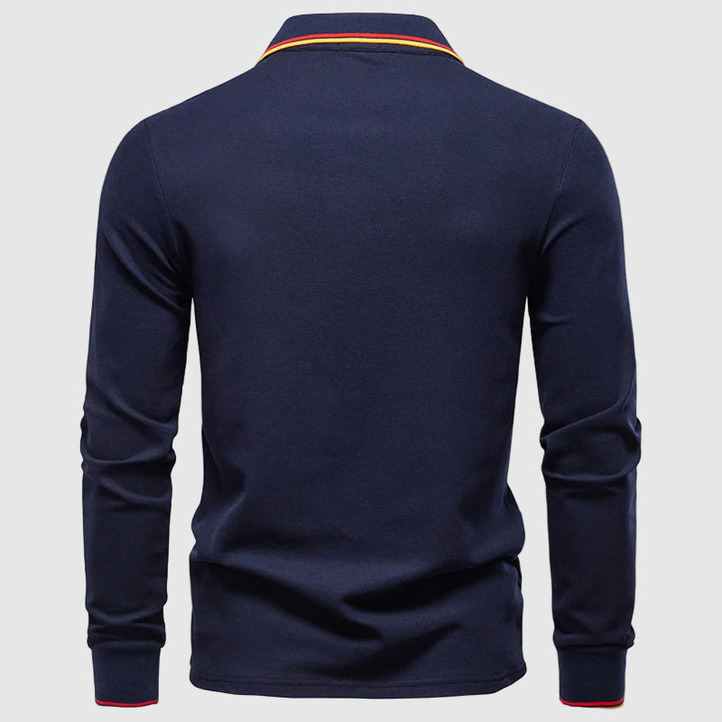 Men's light blue long sleeve polo shirt in slim fit cotton blend