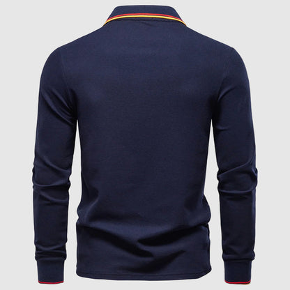 Men's light blue long sleeve polo shirt in slim fit cotton blend