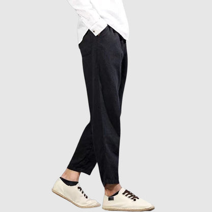 Men's black breathable straight leg linen pants with elastic drawstring waist