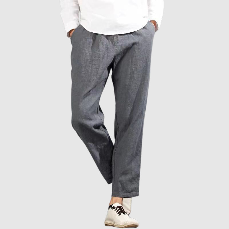 Men's black breathable straight leg linen pants with elastic drawstring waist