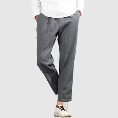 Men's black breathable straight leg linen pants with elastic drawstring waist