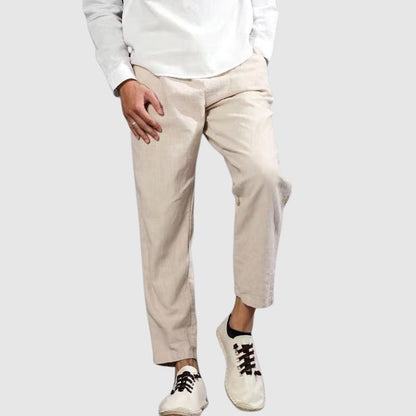 Men's black breathable straight leg linen pants with elastic drawstring waist