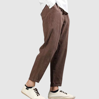 Men's black breathable straight leg linen pants with elastic drawstring waist