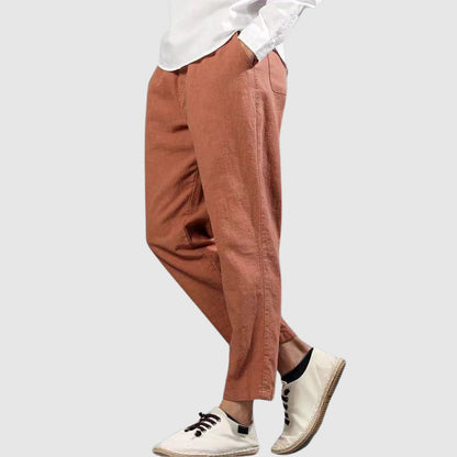 Men's black breathable straight leg linen pants with elastic drawstring waist