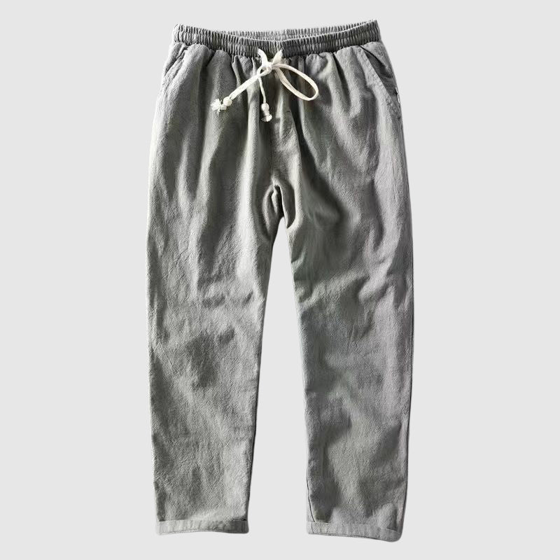 Men's gray breathable straight leg linen pants with elastic drawstring waist