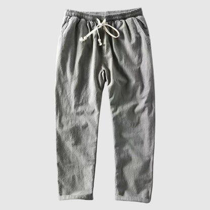Men's gray breathable straight leg linen pants with elastic drawstring waist