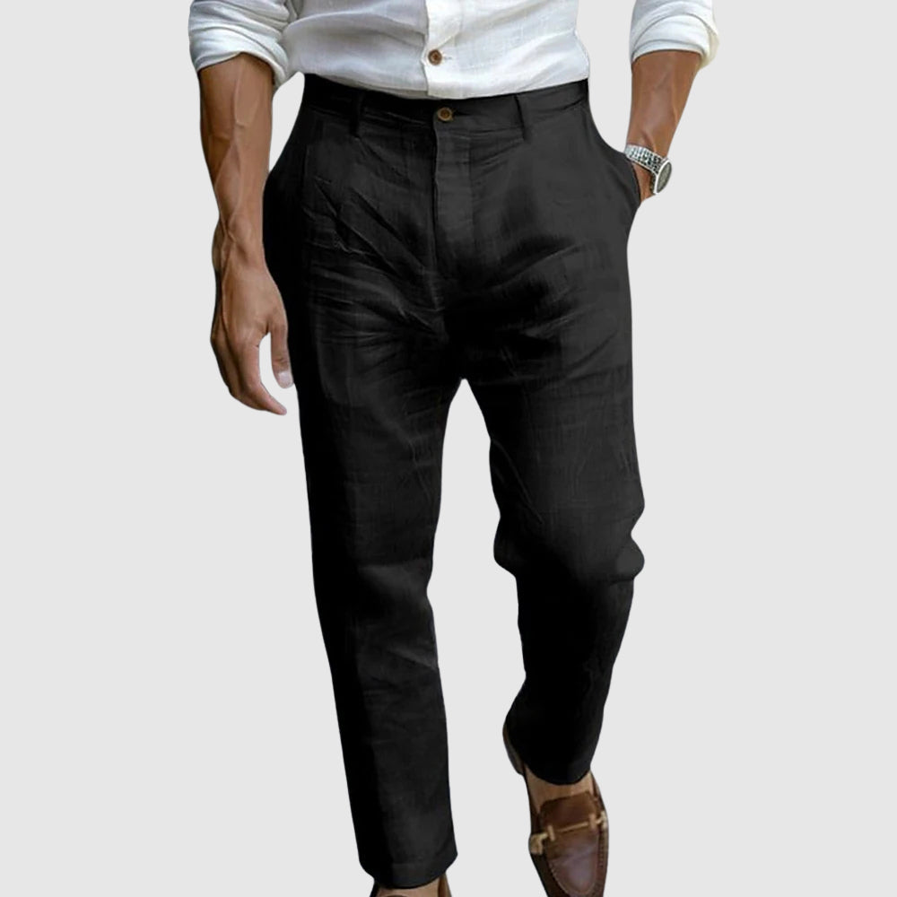 Men's blue cotton linen pants with straight cut and button fly
