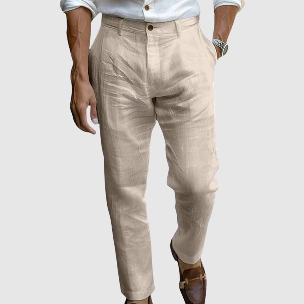 Men's blue cotton linen pants with straight cut and button fly