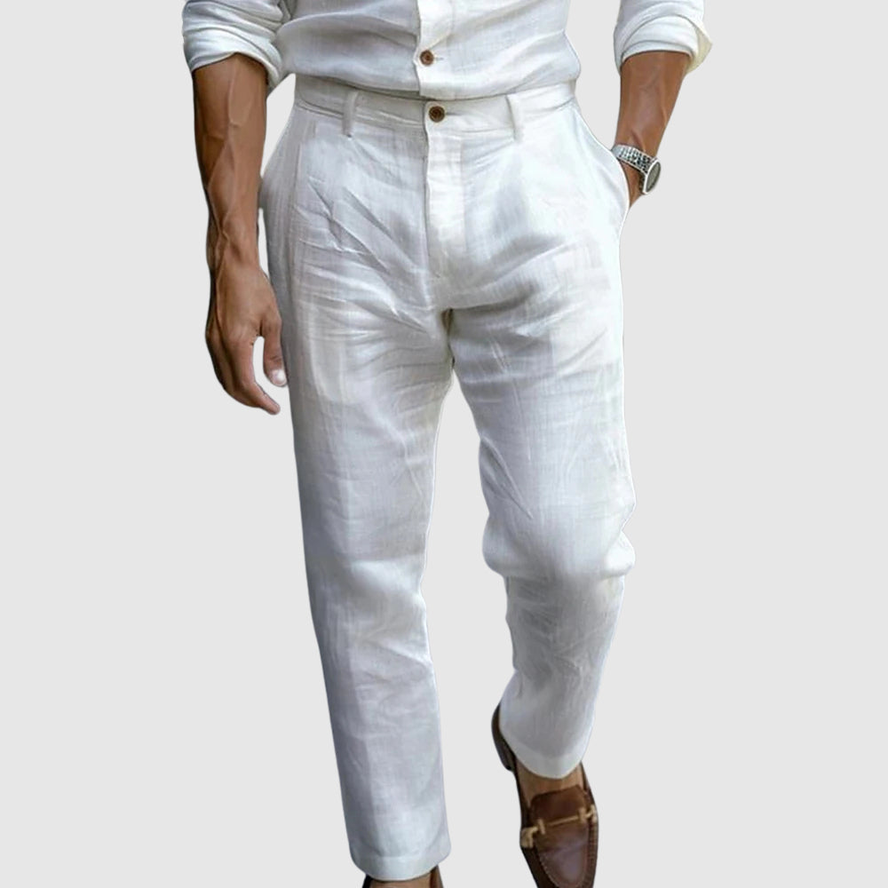 Men's blue cotton linen pants with straight cut and button fly