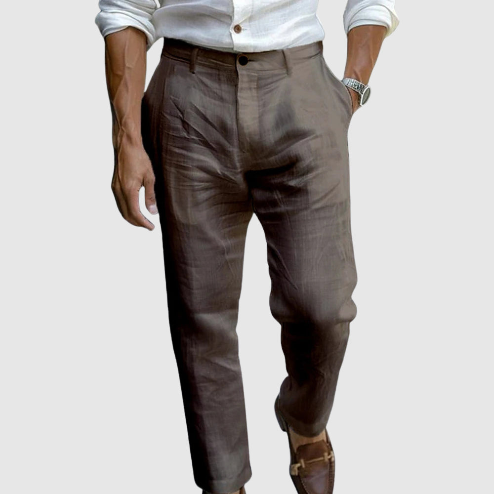 Men's blue cotton linen pants with straight cut and button fly
