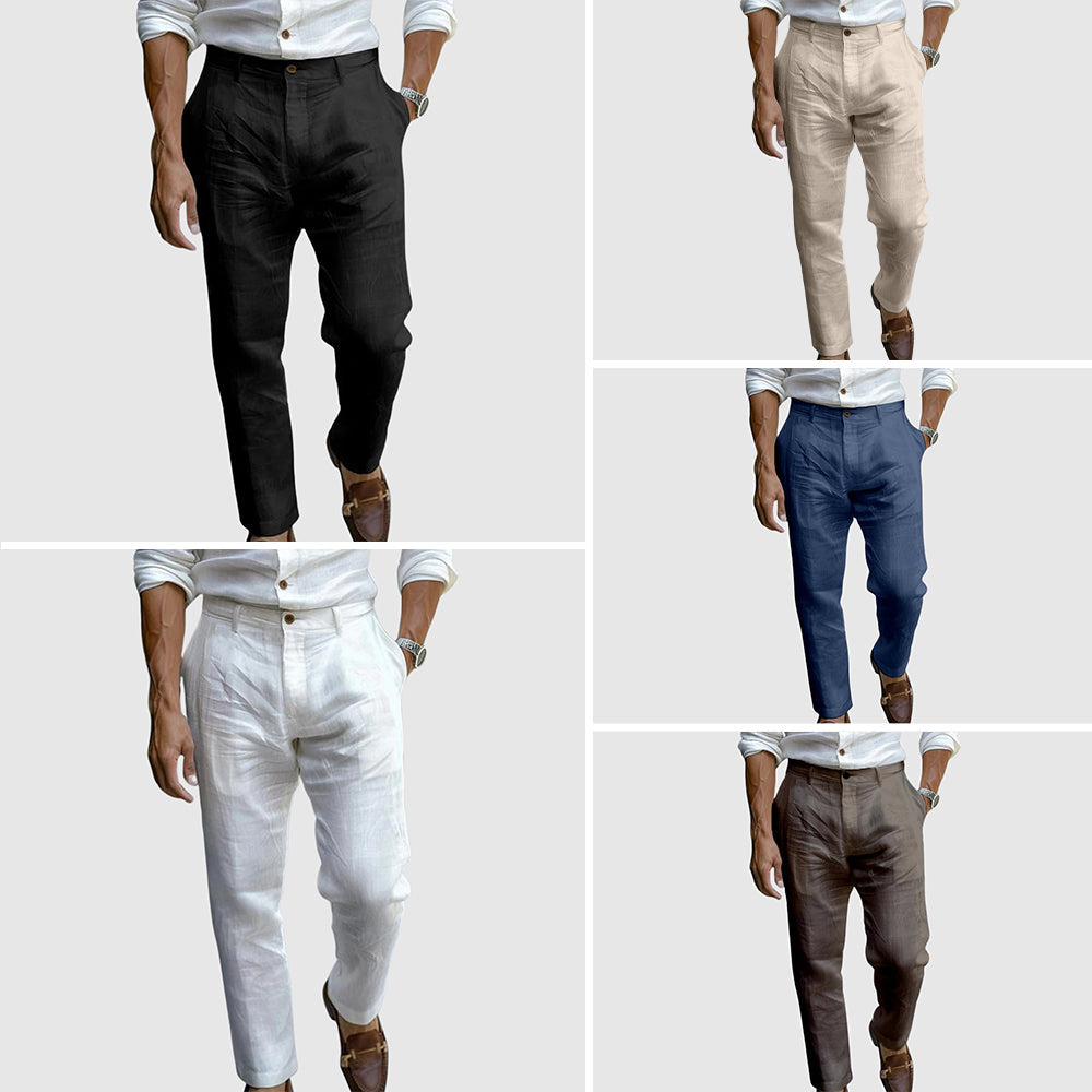 Men's black cotton linen pants with straight cut and button fly