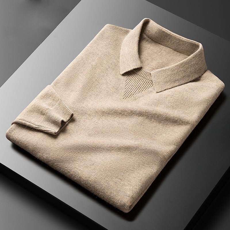 Men's beige knit pullover sweater with polo collar and ribbed hem