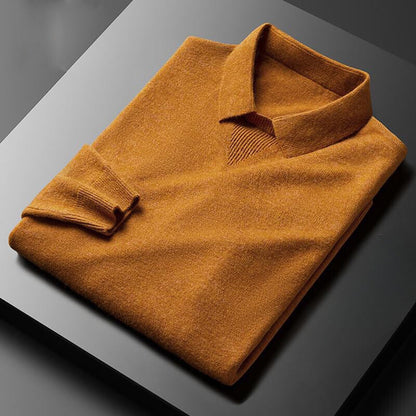 Men's beige knit pullover sweater with polo collar and ribbed hem