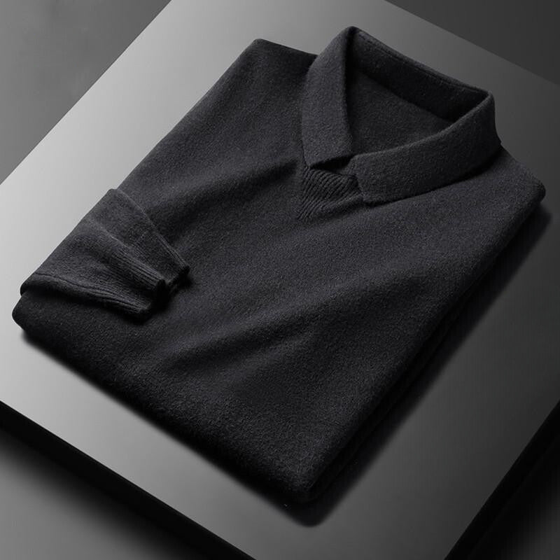Men's beige knit pullover sweater with polo collar and ribbed hem