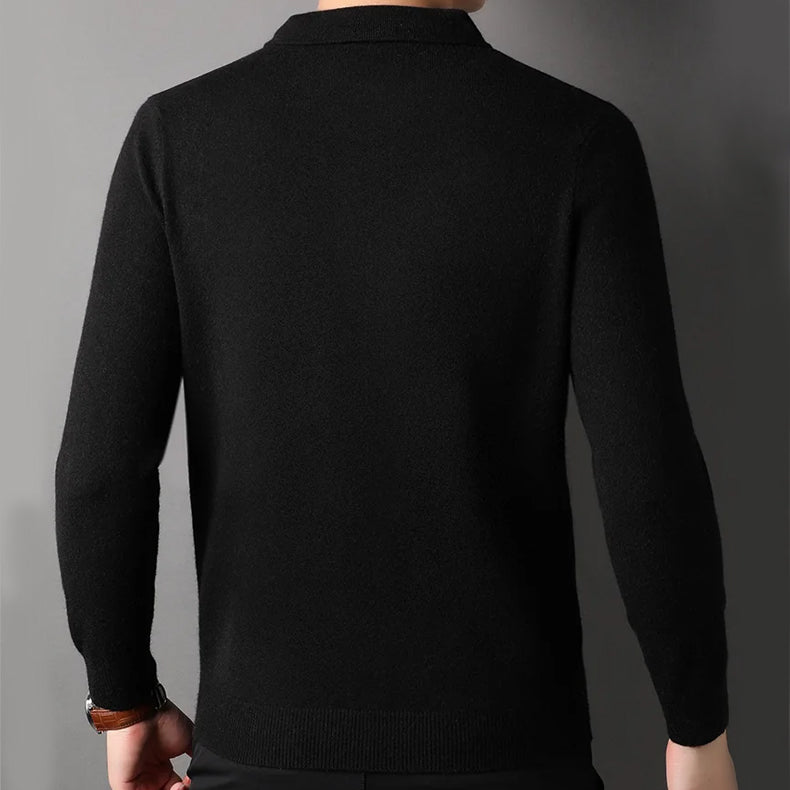 Men's beige knit pullover sweater with polo collar and ribbed hem