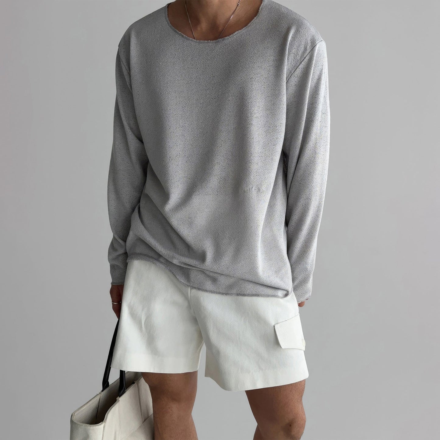 Men's white relaxed fit breathable knit shirt with long sleeves