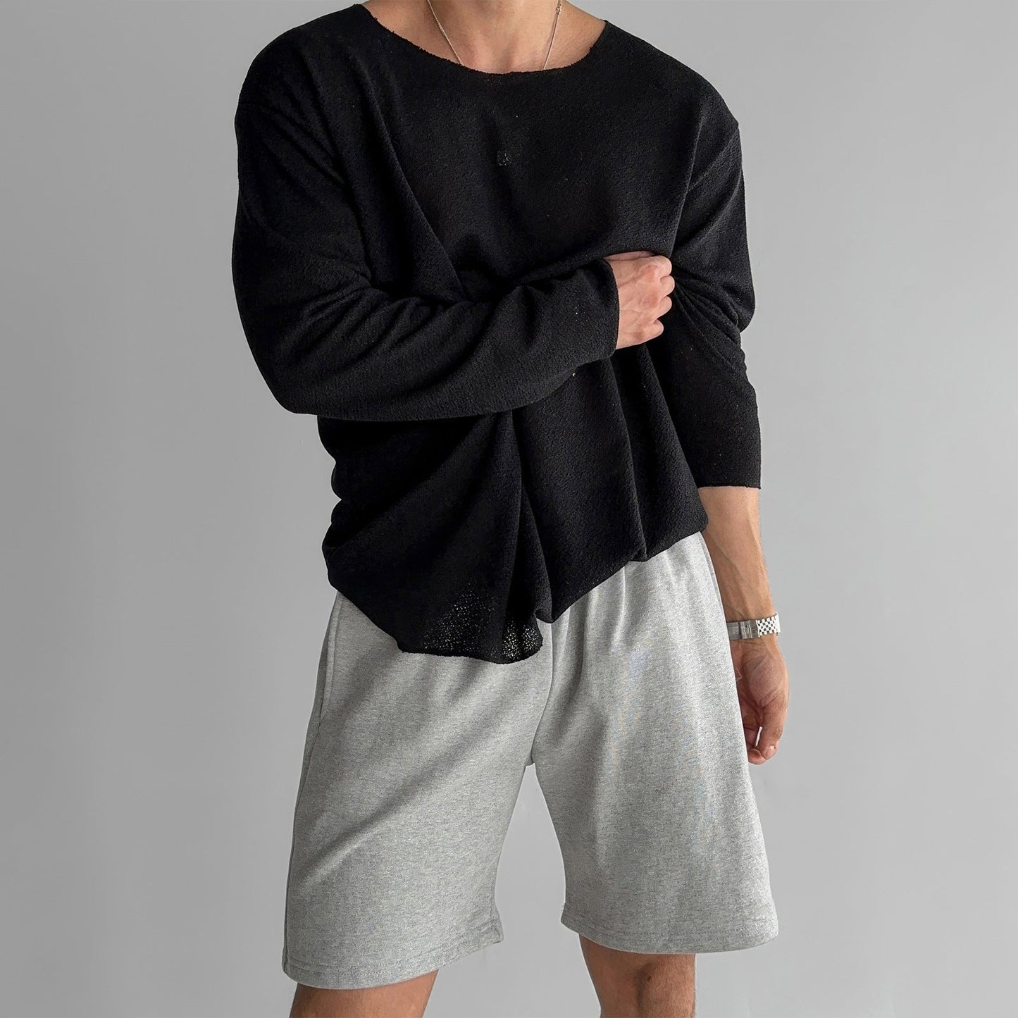 Men's white relaxed fit breathable knit shirt with long sleeves