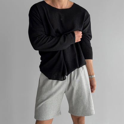 Men's white relaxed fit breathable knit shirt with long sleeves