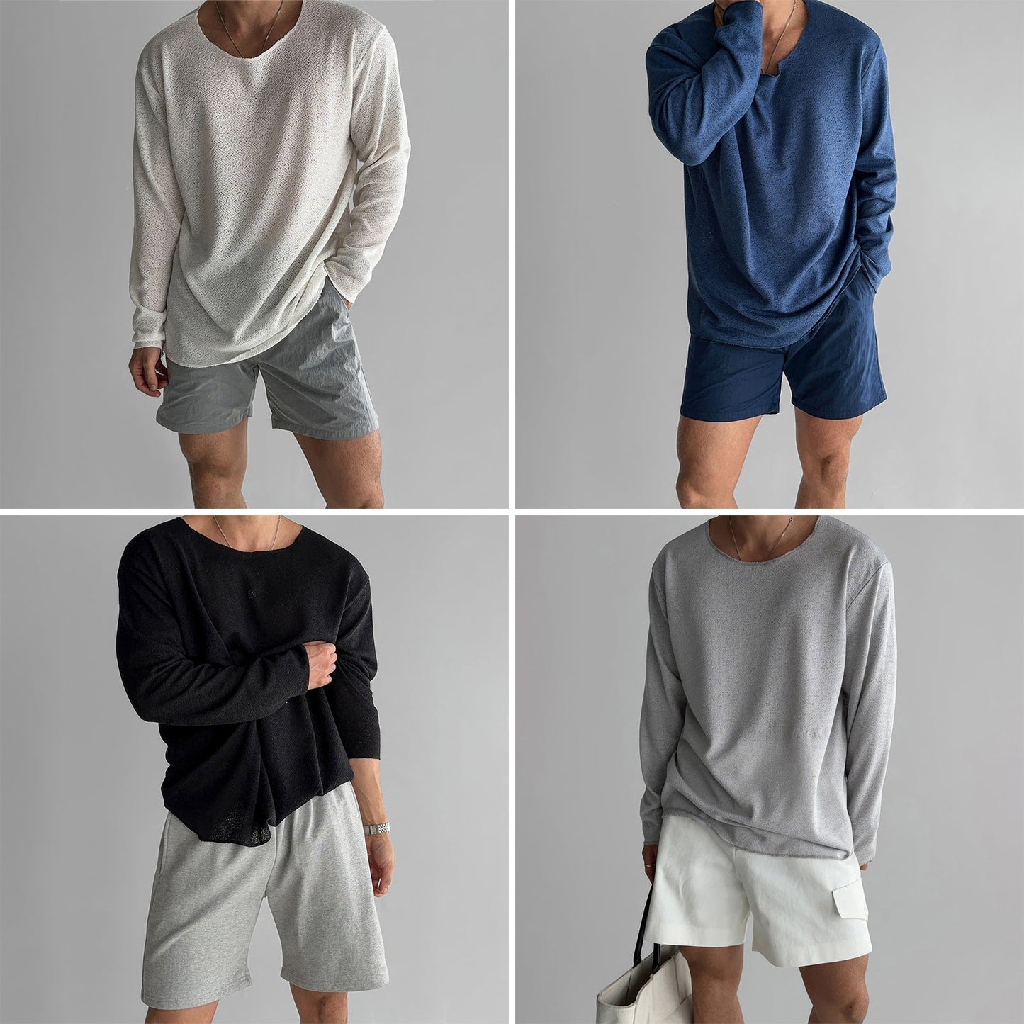 Men's white relaxed fit breathable knit shirt with long sleeves