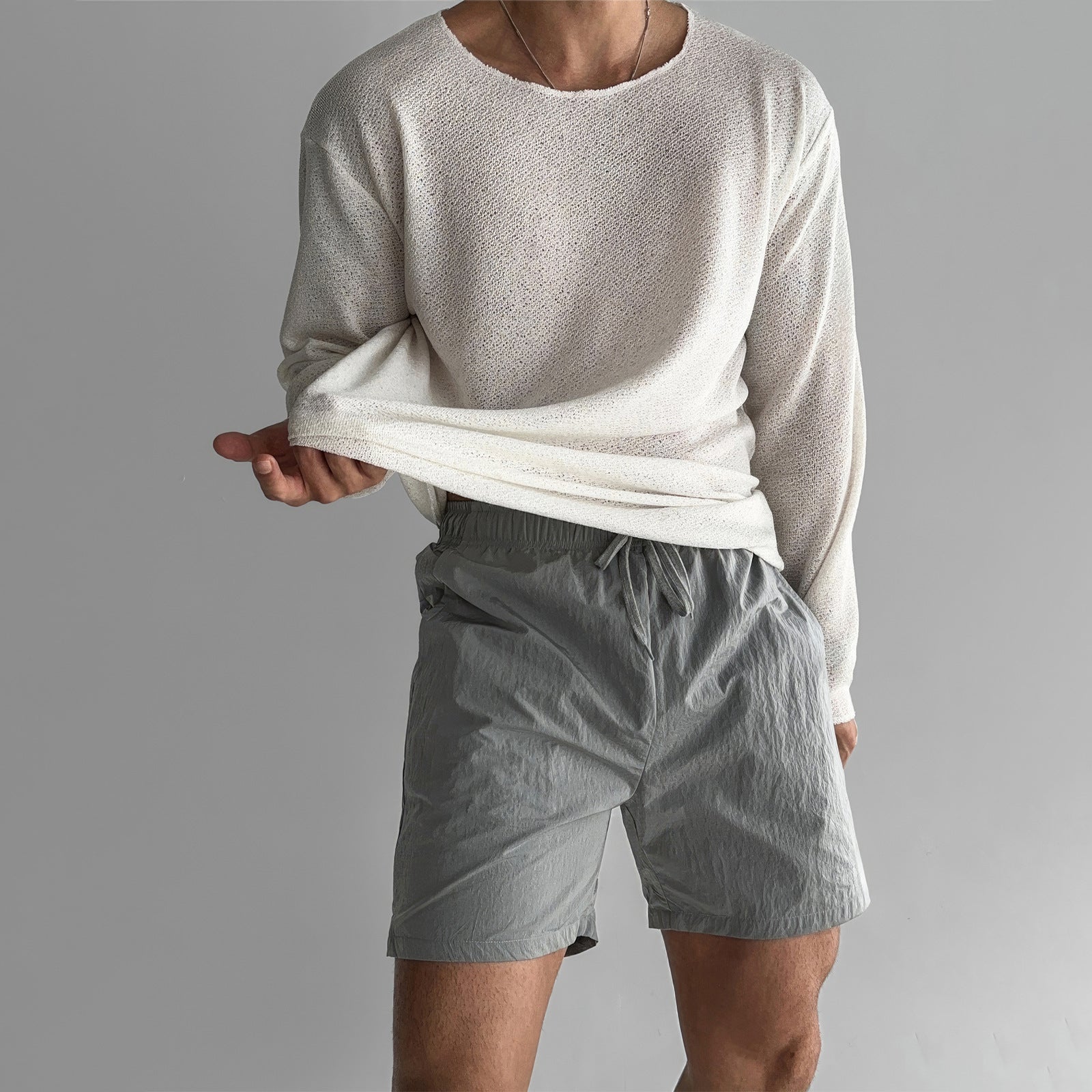 Men's gray relaxed fit breathable knit shirt with long sleeves