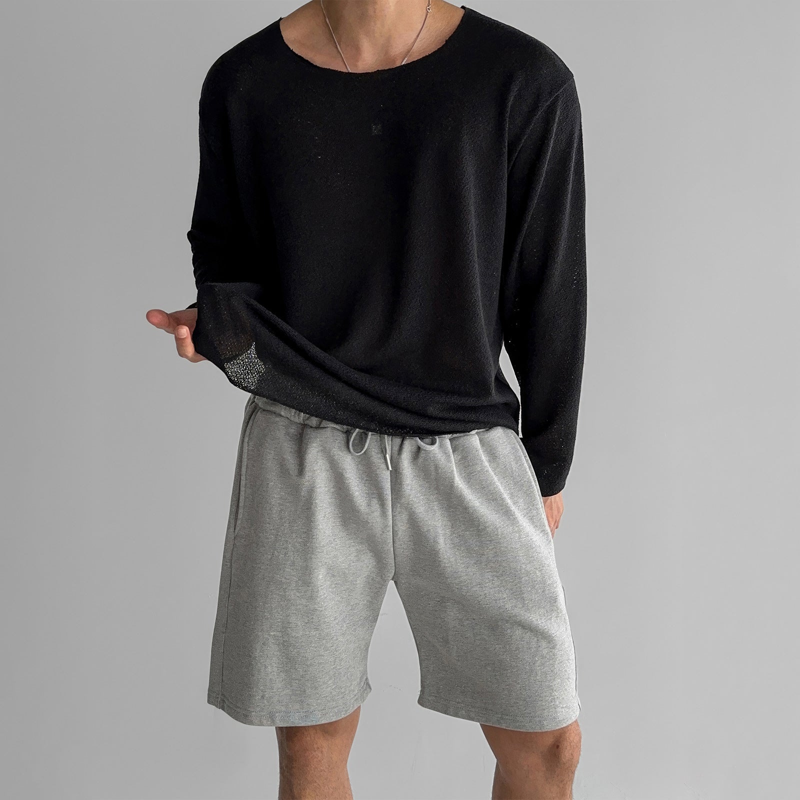 Men's gray relaxed fit breathable knit shirt with long sleeves