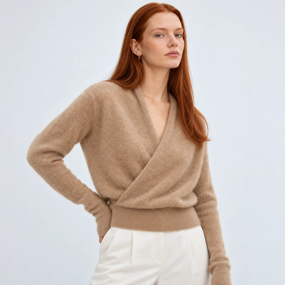 Women's camel cashmere wrap sweater with crossover collar